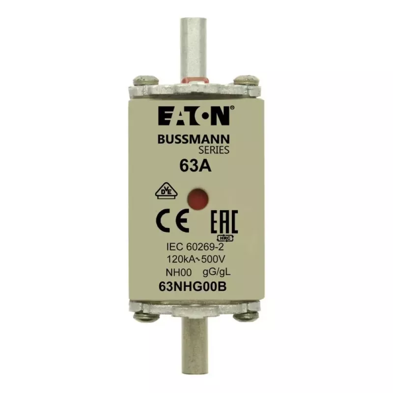 Eaton 63NHG00B NH saugiklis 63 A 500 V AC gG 00 dydis su mechaniniu indikatoriumi (3 vnt. pakuotė)