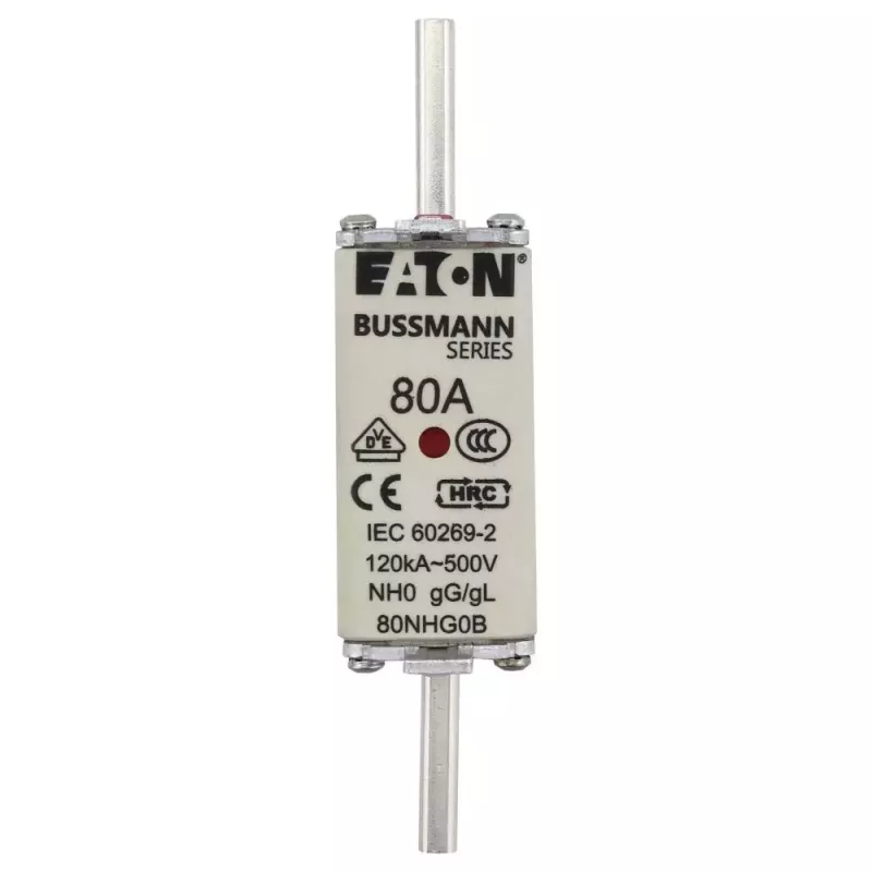 Eaton 80NHG0B NH saugiklis, 0 dydis, 80 A, 500 V AC, gG, mechaninis indikatorius, 3 vnt.