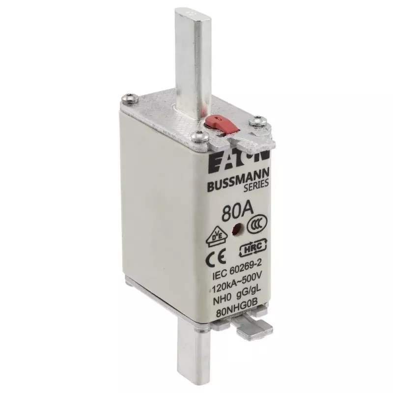 Eaton 80NHG0B NH saugiklis, 0 dydis, 80 A, 500 V AC, gG, mechaninis indikatorius, 3 vnt.
