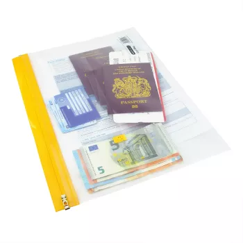 Rapesco Zippi Bags A5+ permatomi maišeliai su užtrauktuku, 250 x 195 mm, permatomi su mėlynu, oranžiniu, žaliu, raudonu, geltonu apvadu, 5 vnt. 1502