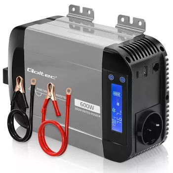 Qoltec grynosios sinusoidės keitiklis 12V į 230V 300W/600W su LCD, USB-A ir USB-C PD, suderinamas su LiFePO4/GEL/AGM