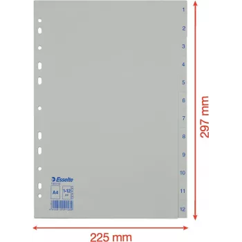 LEITZ Esselte plastikiniai skyrikliai su numeriais 1-12, A4, balti, universalus perforavimas, 10 rinkinių (100153)