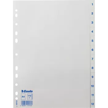 LEITZ Esselte plastikiniai skyrikliai su numeriais 1-12, A4, balti, universalus perforavimas, 10 rinkinių (100153)