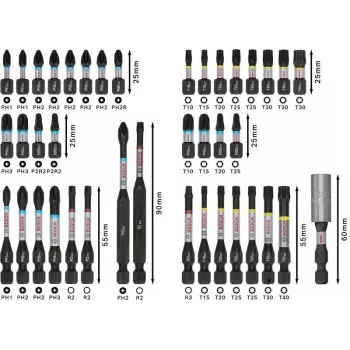 Bosch 2608521U79 34 dalių grąžtų ir atsuktuvų antgalių rinkinys su magnetiniu universaliuoju laikikliu, X-Line dėklu