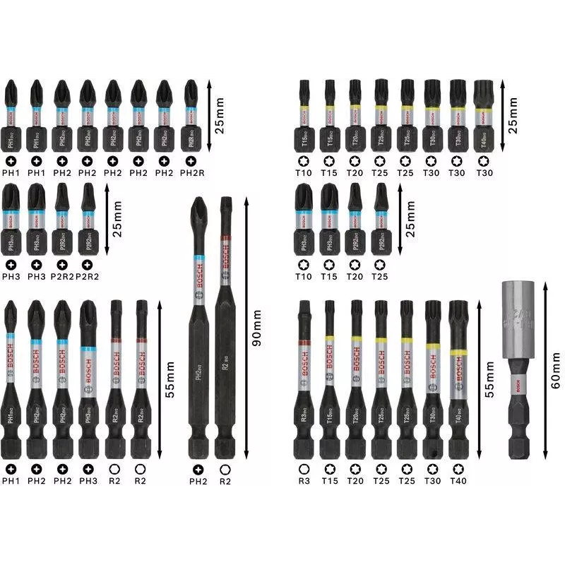 Bosch 2608521U79 34 dalių grąžtų ir atsuktuvų antgalių rinkinys su magnetiniu universaliuoju laikikliu, X-Line dėklu