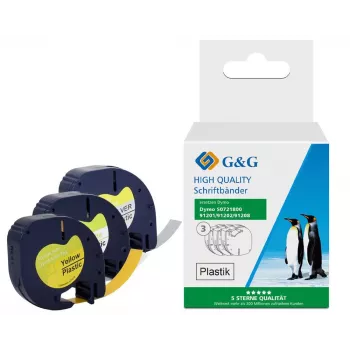 G&G TD-RL-D-91201/2/8-3P etikečių juostelių rinkinys, 12 mm, 3 vnt. (balta, geltona, sidabrinė su juodu spaudu), suderinamas su DYMO D1