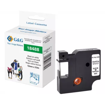 G&G 12mm x 3,5m lanksti nailoninė etikečių juosta Dymo Rhino spausdintuvams, balta su juodu spaudu (RL-D-Ny-18488-BK/WT-12MM*3.5M)