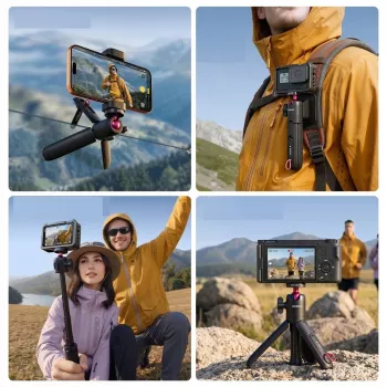 ULANZI MT-55 4-in-1 mini trikojis, selfie lazdelė, rankena ir kuprinės segtukas su rutuline galvute, 1/4 inch sriegiu, telefono laikiklis 60-85mm, aliuminio lydinys, juodas