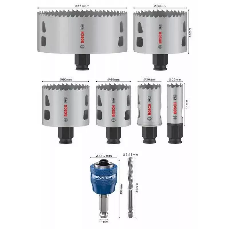 Bosch Progressor medienos ir metalo kiaurymių pjūklų rinkinys, 7 dalių, 20-114 mm skersmens, Power Change velenas, HSS bi-metalas, su dėklu 2608594431