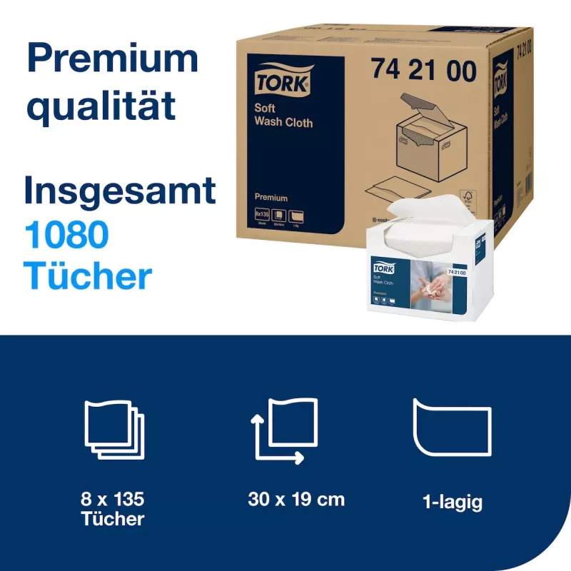 Tork Premium Soft vienkartinės šluostės, 1 sluoksnio, baltos, 1080 vnt. (742100)