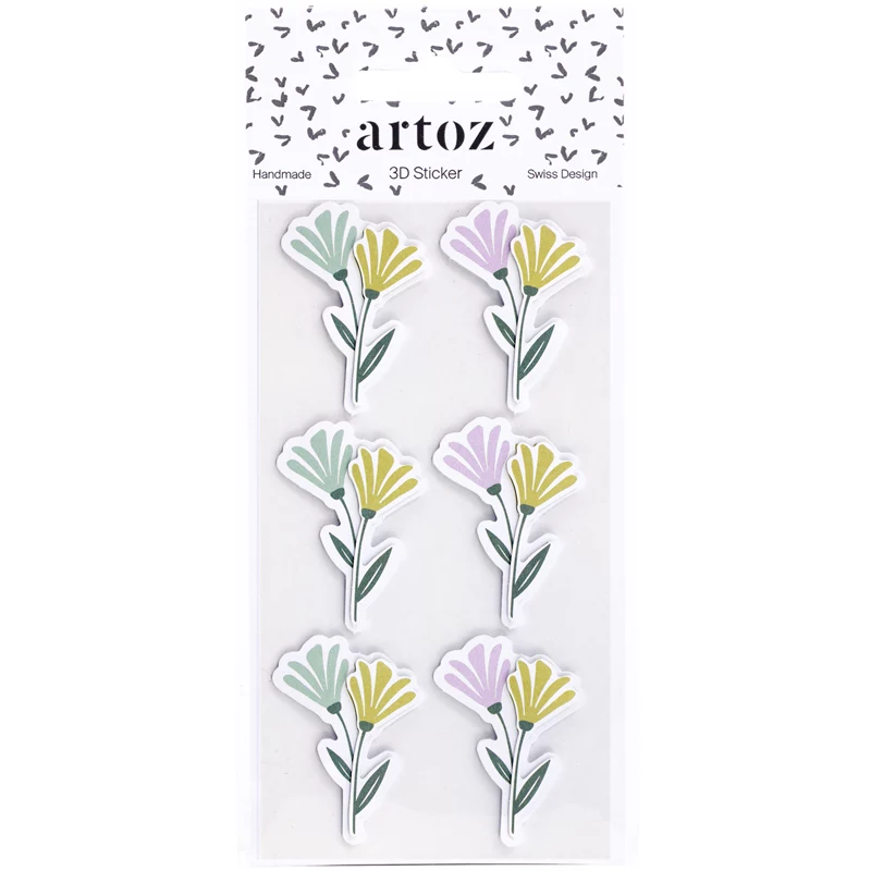 Artoz 3D gėlių popieriniai lipdukai, 6 vnt., savaiminio klijavimo, įvairūs gėlių dizainai, skirta rankdarbiams, scrapbooking, atvirukų kūrimui, dekoravimui, įvairiaspalviai, matinio paviršiaus 185600-222