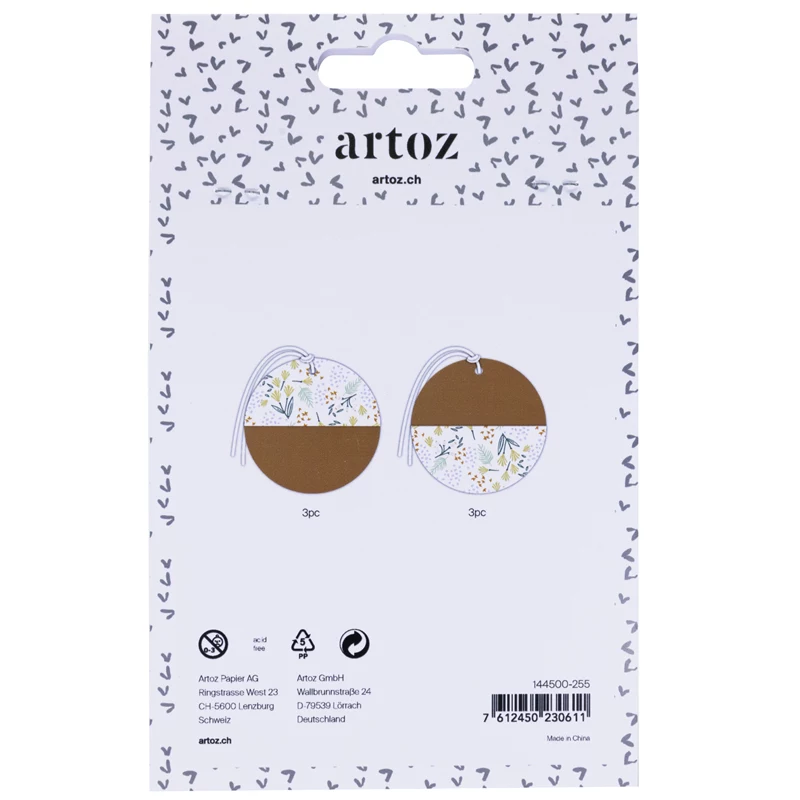 Artoz popierinės dovanų etiketės rudos baltos pakabinamos rinkinys Kraft apvalios 6,5 cm 6 vnt. (144500-255)