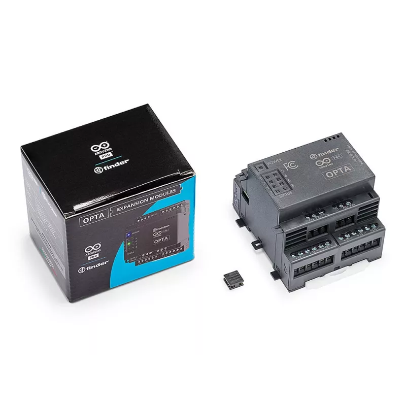Arduino Opta analoginio išplėtimo modulis AFX00007 - 4 konfigūruojami analoginiai įėjimai, 2 analoginiai išėjimai, 12-24 VDC, DIN bėgelis