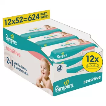 Pampers Sensitive kūdikių šluostės, 12 pakelių po 52, iš viso 624, be kvapų, be alkoholio, dermatologiškai testuotos