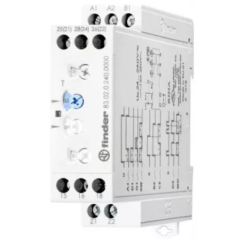 Finder 83.02.0.240.0003 Daugiafunkcinė laiko relė, 8 funkcijos, 24-240V AC/DC, 2 perjungimo kontaktai, 0,05s-10 dienų