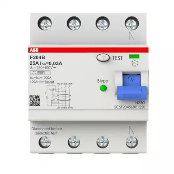 ABB Type B RCCB 4P 25A 30mA 3kA 4 modulių F204B-25/0.03-4TE 2CSF204568R1250