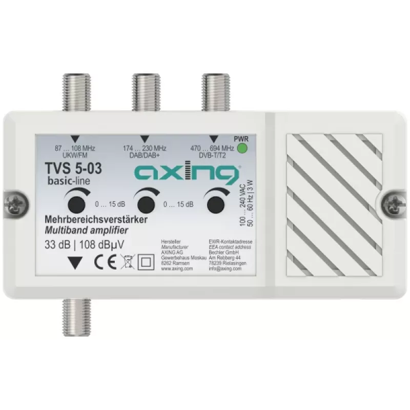 AXING TVS 5-03 daugiajuostis stiprintuvas 33 dB, 3 įėjimai FM/DAB/DAB+/DVB-T2