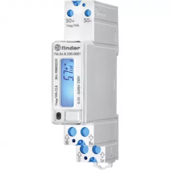 Finder 7M.24.8.230.0001 vienfazis skaitmeninis elektros energijos skaitiklis, 230 V AC, 5(40) A, 1 klasė, LCD, S0 impulso išėjimas, DIN bėgelis, 1 modulis, MID neatitinka