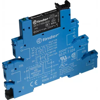Finder 38.51.7.024.5050 sąsajos relės modulis, 24 V DC ritė, 1 CO kontaktas, 6 A, bevarikliai gnybtai, DIN bėgelis