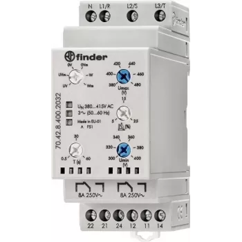 Finder 3 fazių stebėjimo relė, 380–415 V AC, 2 CO, DIN bėgiui, 35 mm 704284002032