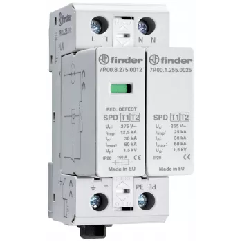 Finder 7P.02.8.275.1012 2 tipo viršįtampių apsaugos įtaisas, 1 polius, 275 V AC, 60 kA, DIN bėgelis