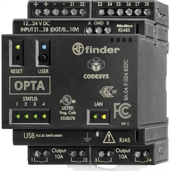 Finder Programuojama loginė relė (PLR) PLC valdymo modulis, 24 V DC, 8 skaitmeniniai įėjimai, 4 analoginiai įėjimai, 4 relių išėjimai, 8 A, LCD ekranas, DIN bėgio montavimas, 8A.04.9.024.832C