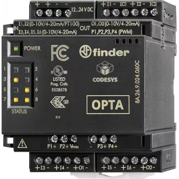 Finder 8A.26.9.024.060C analoginio įėjimo išplėtimo modulis, 2 kanalai, 0-10 V DC / 0-20 mA, 12 bitų, 24 V DC, DIN bėgiui