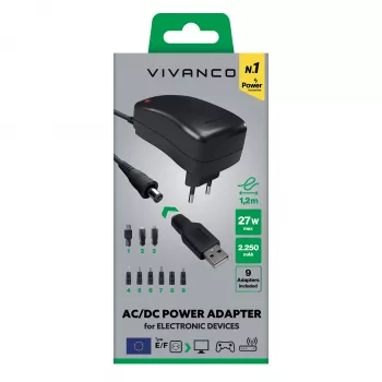 Vivanco Universalus AC/DC maitinimo adapteris 27W su 7 DC kištukais ir USB portu VVITADAPT27WUN