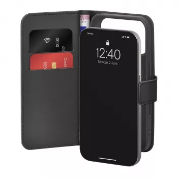 PURO Booklet dėklas iPhone 17 Pro, juodas ekologiškos odos su 2 kortelių skyreliais PUIPC17P63BOOKC8BLK