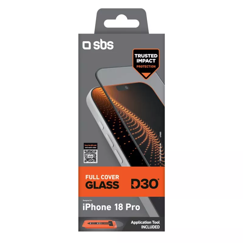 SBS D3O Full Cover grūdintas stiklas iPhone 18 Pro su aplikatoriumi