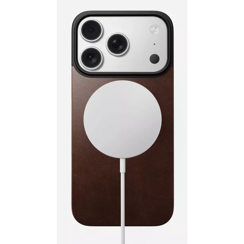 NOMAD Magnetic Leather Back, skirta iPhone 17 Pro, suderinama su MagSafe, Horween oda, Rustic Brown