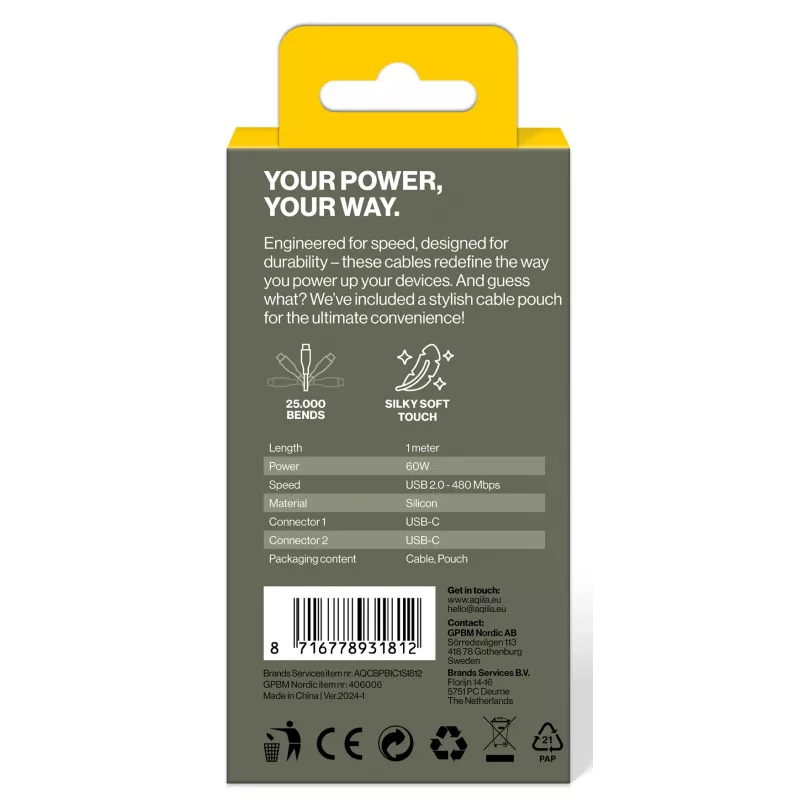 AQIILA Cablebird CS11 USB-C į USB-C įkrovimo ir sinchronizavimo kabelis 1m 60W juodas AQCBPBIC1SI812