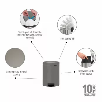 Brabantia NewIcon 5L pedalų šiukšlių dėžė, Mineral Concrete Grey