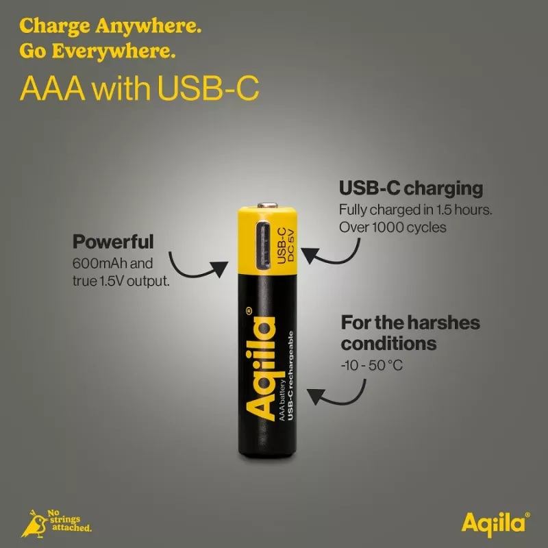 AQIILA AAA NiMH akumuliatoriai su USB-C, 1,2 V, 600 mAh, 4 vnt. AQ60AAA374C4