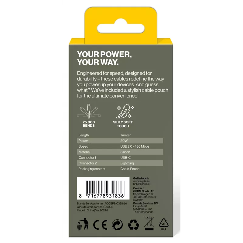 AQIILA 3SI836 USB-C į Lightning įkrovimo ir sinchronizavimo kabelis 1 m AQCBPBIC3SI836