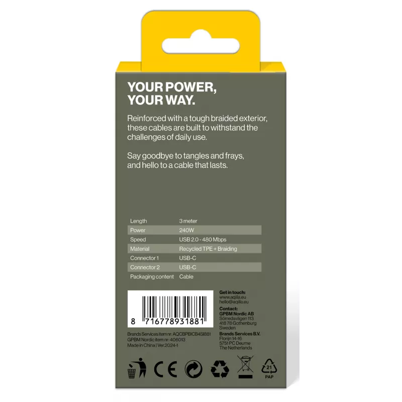 AQIILA USB-C į USB-C įkrovimo ir sinchronizavimo kabelis 3 m juodas AQCBPBICB4BD881