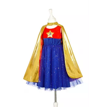 Souza! superherojės kostiumas su apsiaustu, rožinis/auksinis/mėlynas, 5-7 metai (116-128 cm)