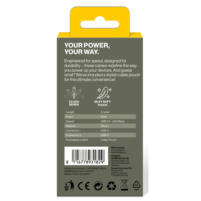 AQIILA Cablebird CS12 USB-C į USB-C įkrovimo ir sinchronizavimo kabelis 2m 60W juodas AQCBPBIC2SI829