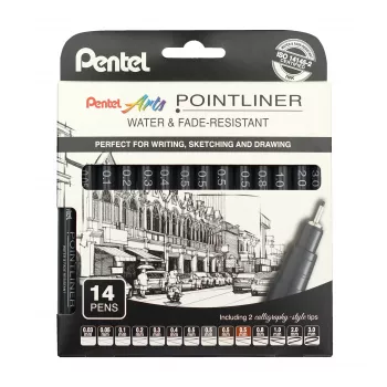 Pentel Arts Pointliner Permanentinis Finelinerių Rinkinys, 14 Skirtingo Storio Linijų 0,03 mm–3,0 mm, Juodas Rašalas (YS20P-14)