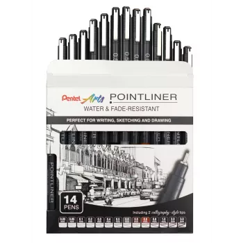 Pentel Arts Pointliner Permanentinis Finelinerių Rinkinys, 14 Skirtingo Storio Linijų 0,03 mm–3,0 mm, Juodas Rašalas (YS20P-14)