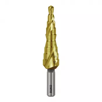 RUKO STB-HSS-TiN laiptinis grąžtas 4-12mm, 9 pakopų, TiN danga