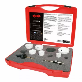 RUKO HSS-Co bi-metalinių kiaurymių pjūklų rinkinys, 9 dalių, 22–64 mm, su A1/A2 laikikliais ir dėklu