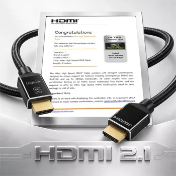 LogiLink HDMI kabelis A/M – A/M 8K/60Hz 48Gbps metalinis nailoninis sertifikuotas juodas 2m