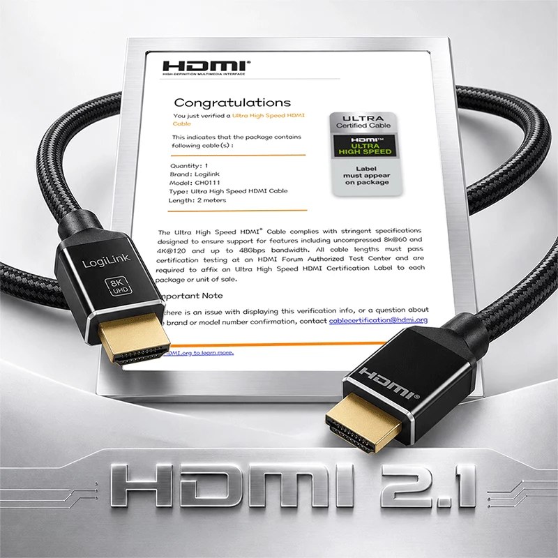LogiLink HDMI kabelis A/M – A/M 8K/60Hz 48Gbps metalinis nailoninis sertifikuotas juodas 2m