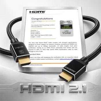 LogiLink HDMI kabelis 8K/60 Hz 48 Gbps metalinis nailoninis sertifikuotas juodas 1 m