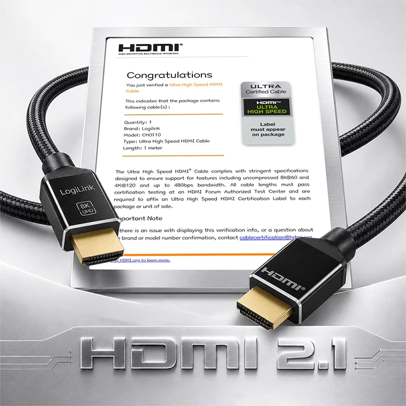 LogiLink HDMI kabelis 8K/60 Hz 48 Gbps metalinis nailoninis sertifikuotas juodas 1 m