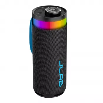 JLab Go Party nešiojamas Bluetooth garsiakalbis su 20W galia, IPX6 atsparumas vandeniui, 15 val. baterija, įmontuotas mikrofonas, apšvietimo režimai, juodas