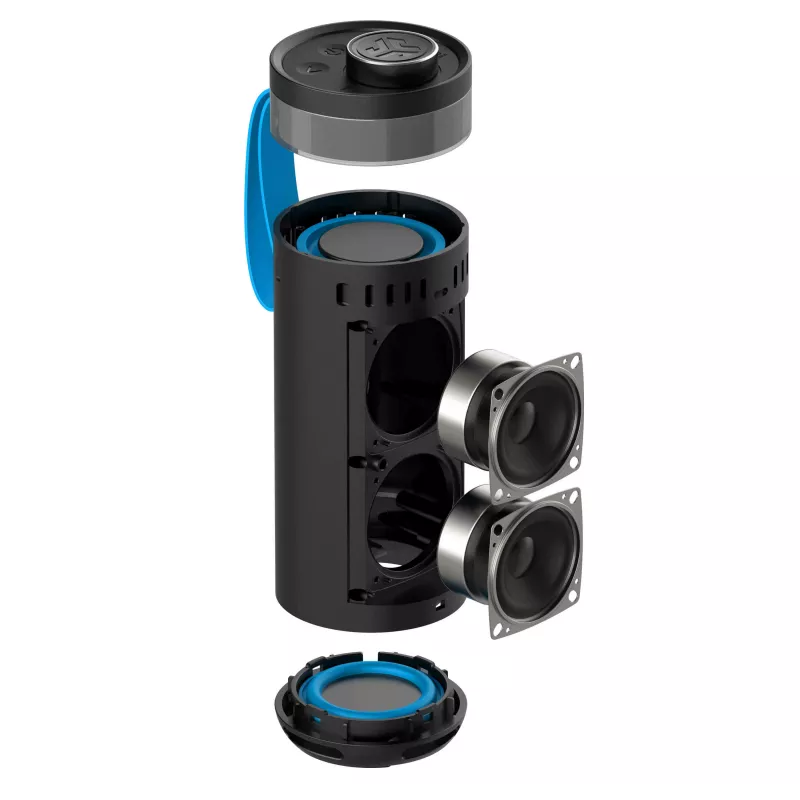 JLab Go Party nešiojamas Bluetooth garsiakalbis su 20W galia, IPX6 atsparumas vandeniui, 15 val. baterija, įmontuotas mikrofonas, apšvietimo režimai, juodas