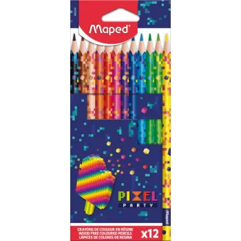 Maped PIXEL PARTY trikampiai spalvoti pieštukai, 12 skirtingų spalvų, minkštas nelūžtantis švinas, pikselių rašto korpusas, kartoninė dėžutė 862204