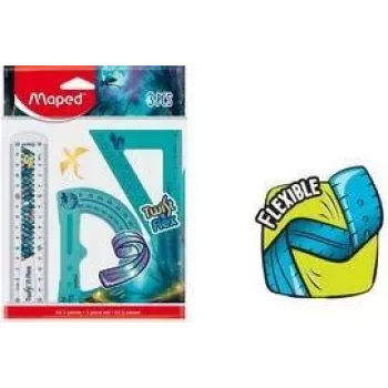 Maped Twist'n Flex Dragon geometrijos rinkinys, 3 dalių, lankstus plastikas, nesulaužomas, 15 cm liniuotė, 180° matuoklis, 45°/45°/90° kampainis 981898